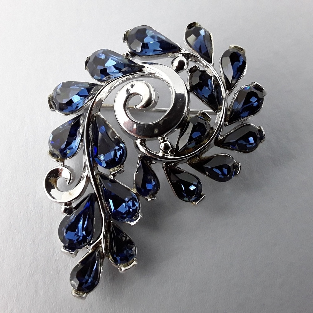 Trifari Crown Brooch Blue Rhinestones Silver Tone